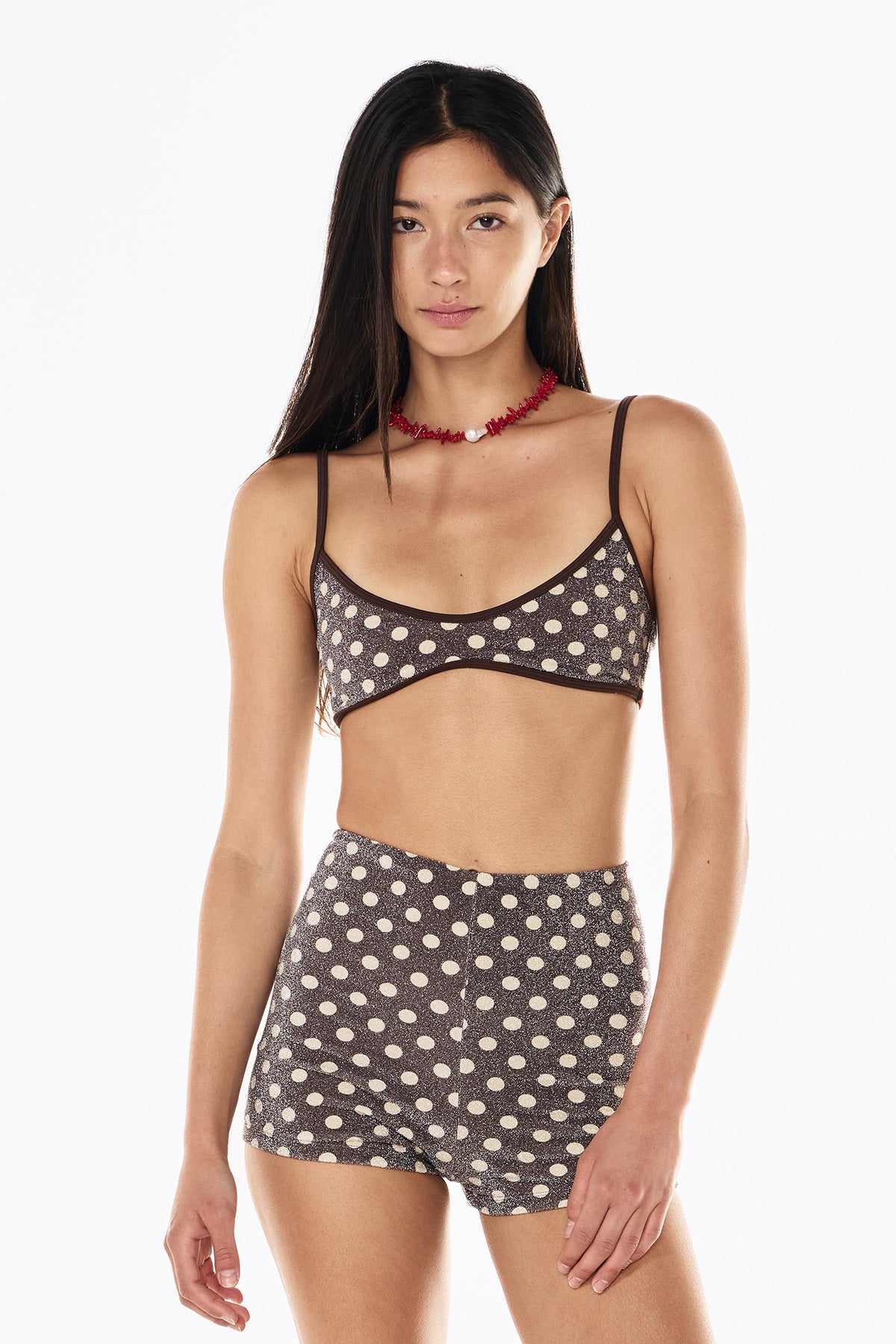 Betsy Lurex Swim Short | Mocha Cream Polka