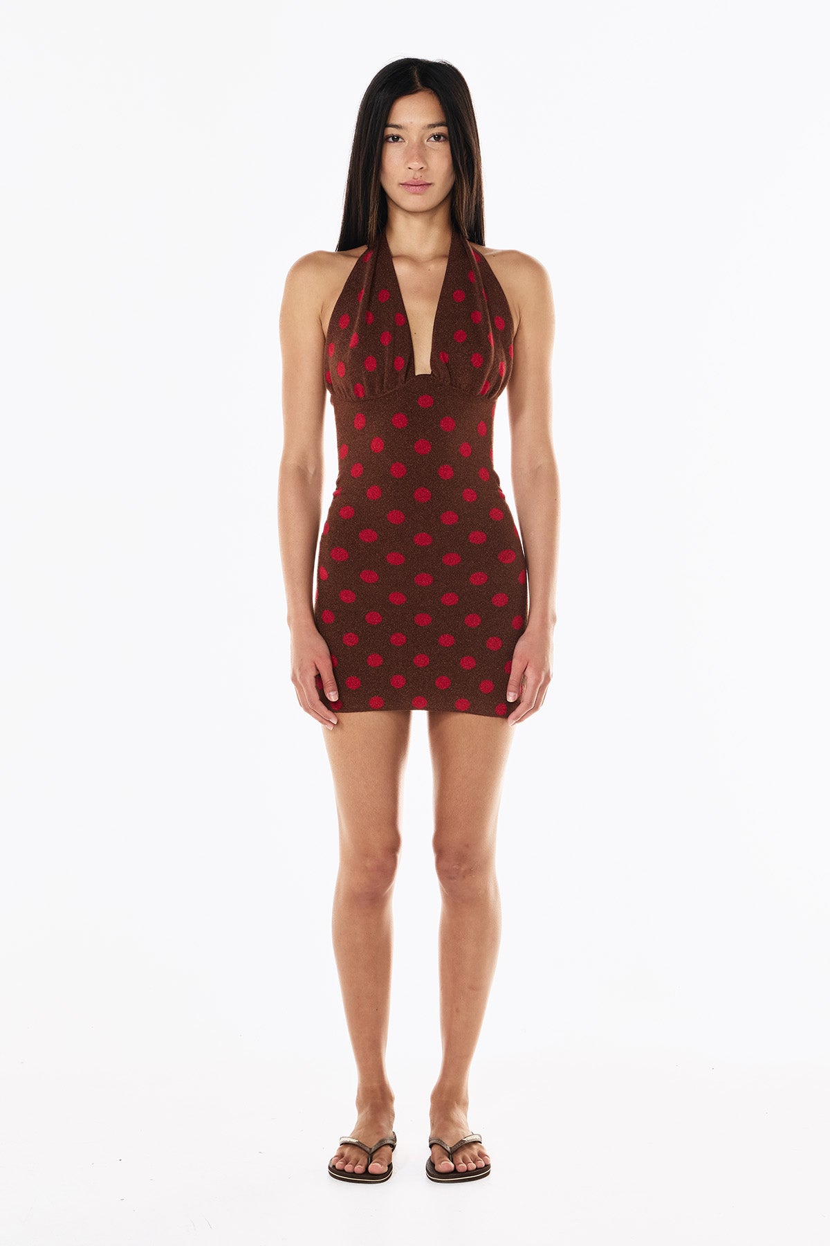 Lurex Knit Halter Dress | Mocha Scarlet Polka