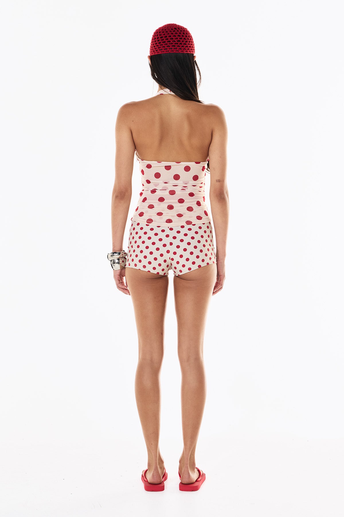 Sheer Halter Tank | Cream Scarlet Polka