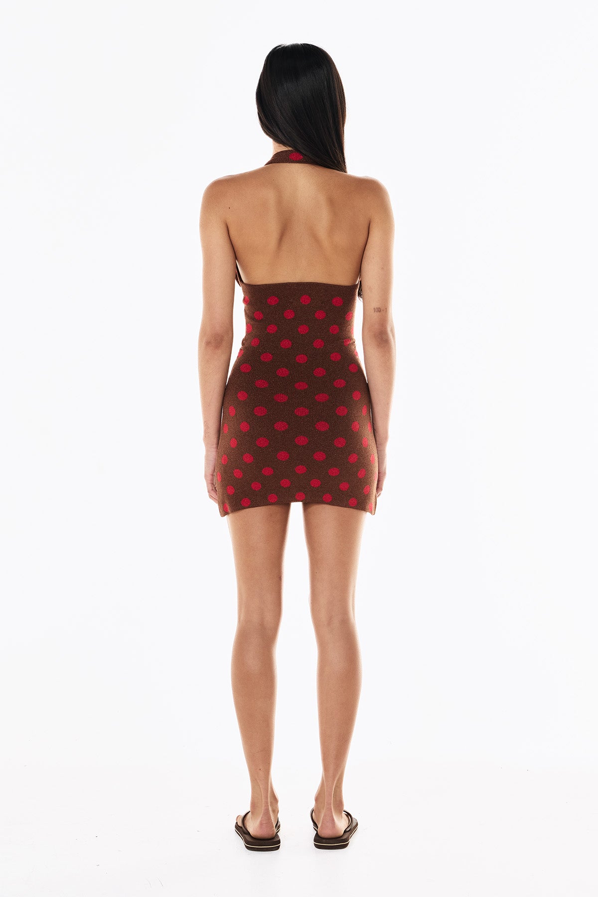Lurex Knit Halter Dress | Mocha Scarlet Polka
