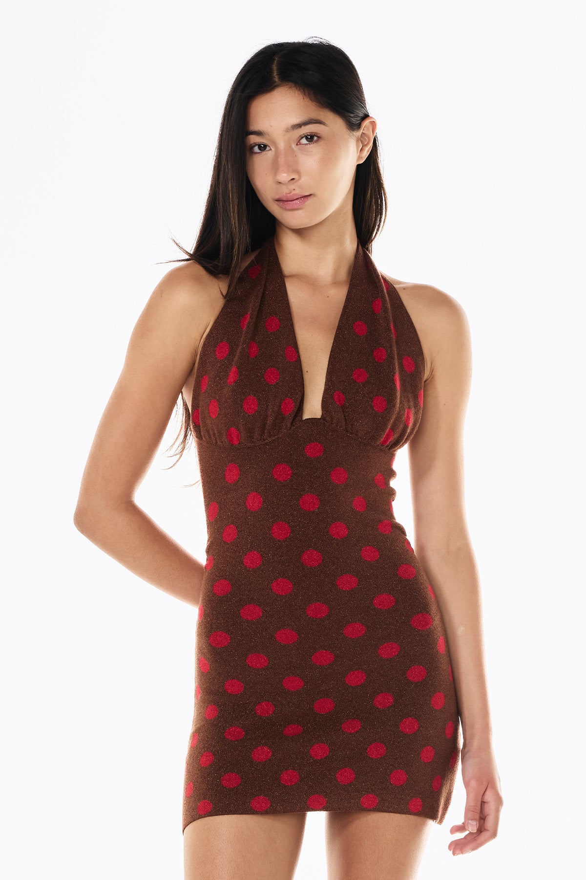 Lurex Knit Halter Dress | Mocha Scarlet Polka