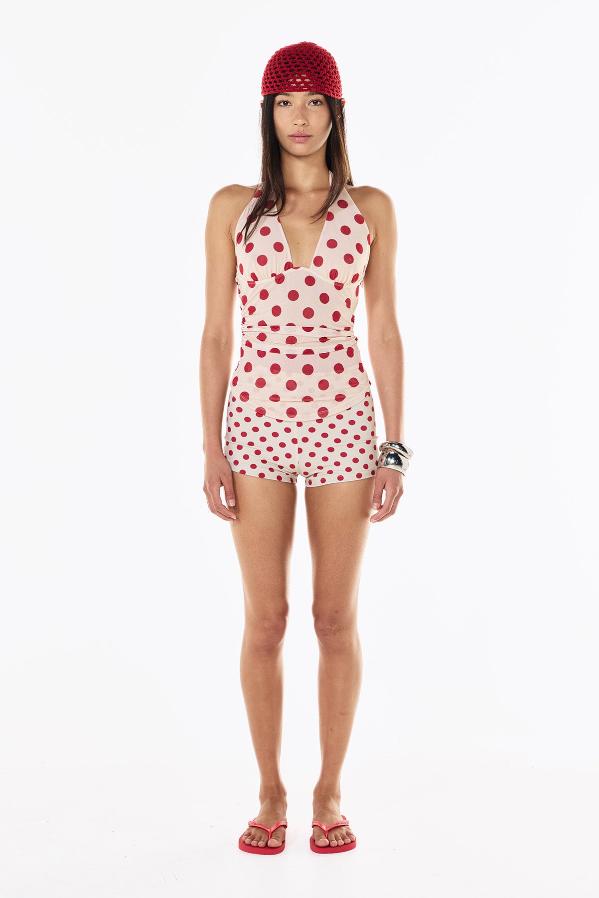 Sheer Halter Tank | Cream Scarlet Polka