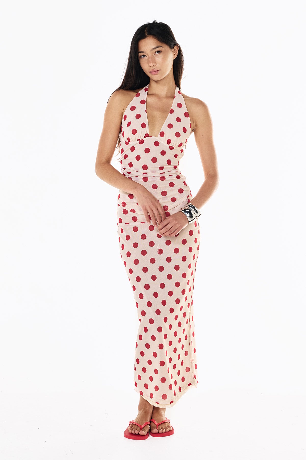 Sheer Halter Tank | Cream Scarlet Polka